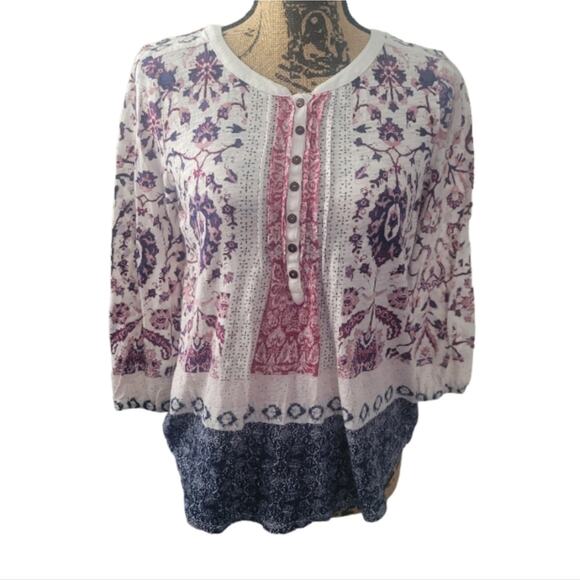 Lucky Brand small white red and blue pleated knit top with buttons - Picture 1 of 3